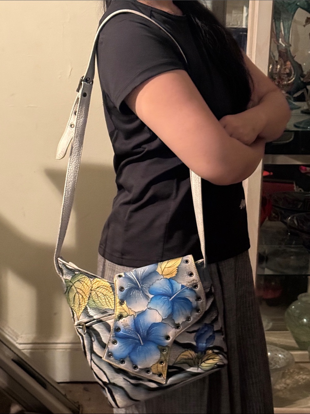 Anuschka Blue Floral Zebra-Print Crossbody Bag